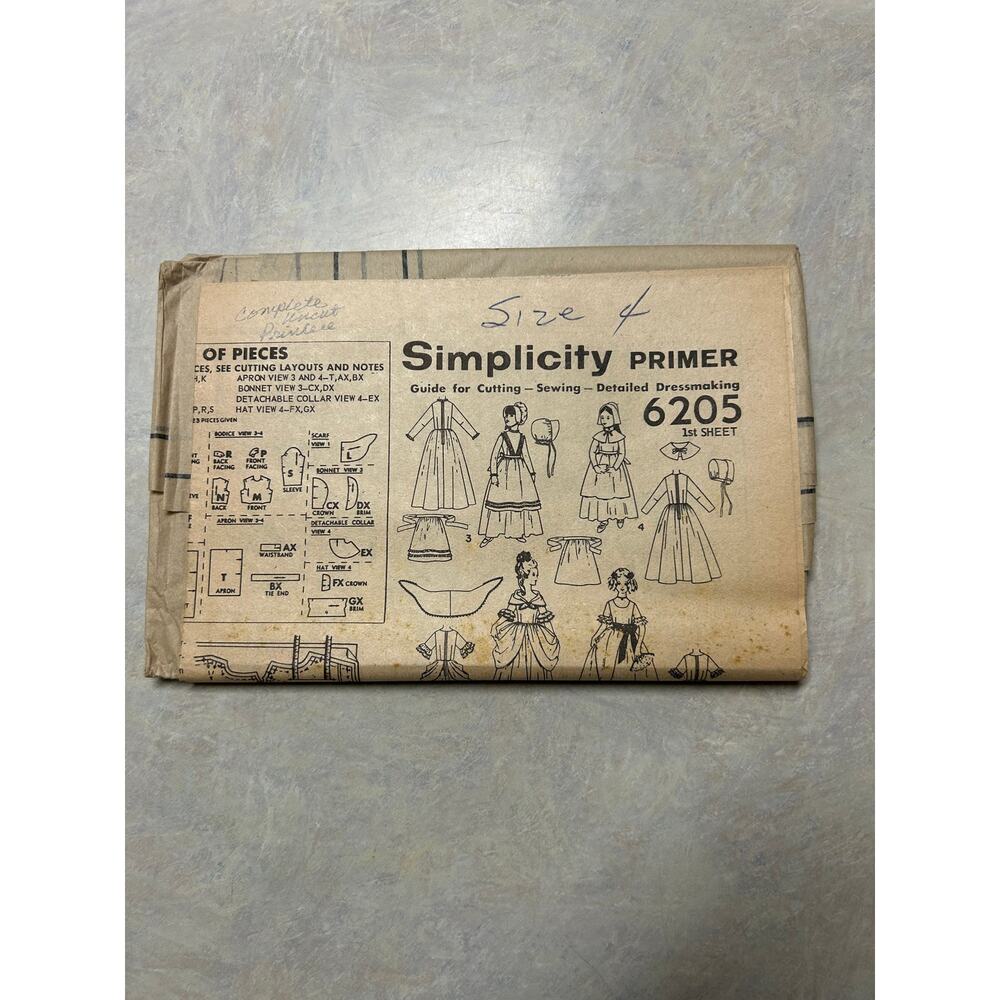 Vintage1965 Simplicity Primer Pattern #6205 Childs Historical Costumes‎ Size 4